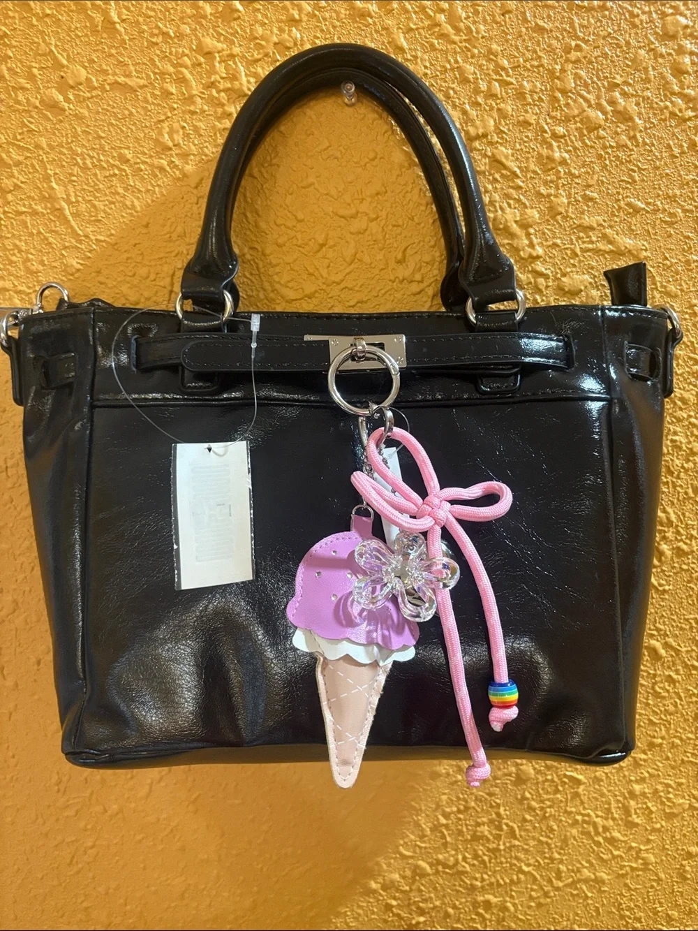 Black Satchel Handbag with Pink Ice Cream Charm